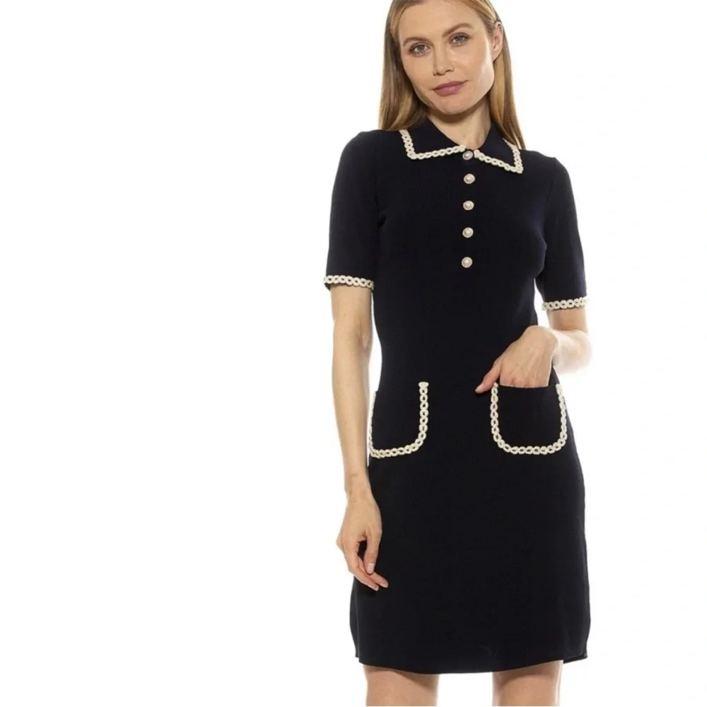ALEXIA ADMOR Navy Knit Piper Dress w/ Pearl Buttons Embroidered Collar & Pockets - Picture 13 of 13